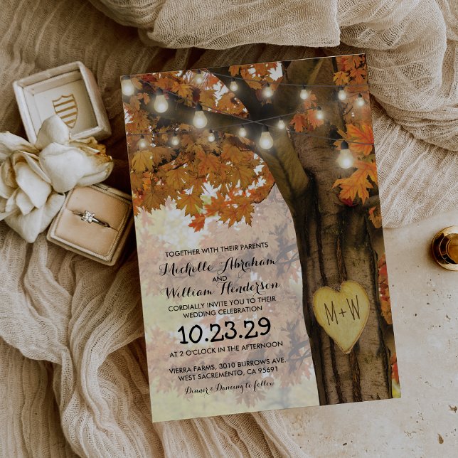 Rustic Fall Autumn Tree Twinkle Lights Wedding Invitation (Creator Uploaded)