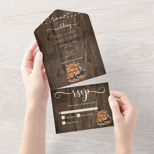 Rustic Fall Autumn Truck String Lights Wedding All In One Invitation (Tearaway)