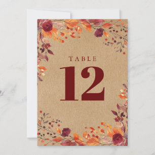 Rustic Fall Autumn Watercolor Floral Table Number