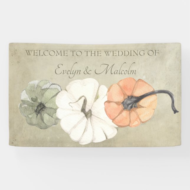 Rustic Fall Autumn White, Orange Pumpkins Wedding Banner (Horizontal)
