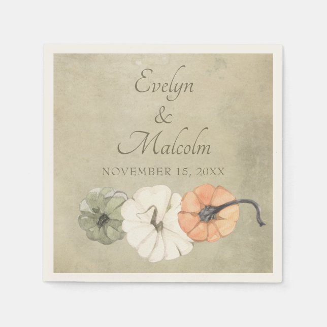 Rustic Fall Autumn White, Orange Pumpkins Wedding Napkin (Front)