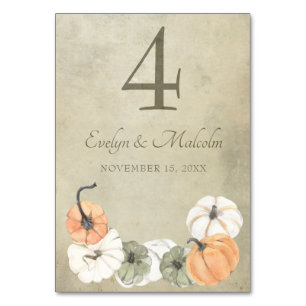 Rustic Fall Autumn White, Orange Pumpkins Wedding Table Number