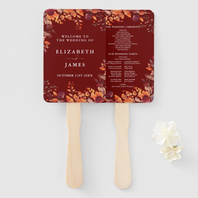 Rustic Fall Autumnal Burgundy Wedding Program Hand Fan (Front and Back)