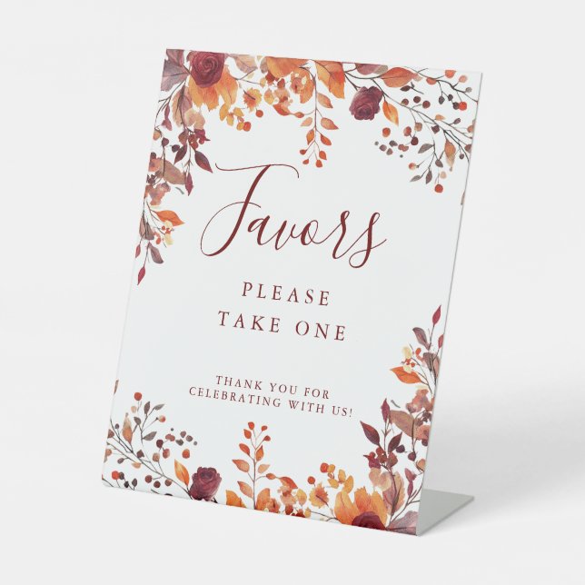 Rustic Fall Autumnal Leaves Wedding Favours Pedestal Sign (Front)