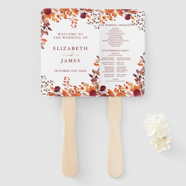 Rustic Fall Autumnal Leaves Wedding Program Hand Fan (Front and Back)