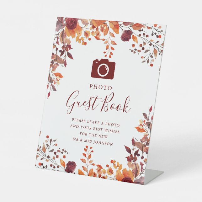 Rustic Fall Autumnal Photo Guest Book Wedding Pedestal Sign (Front)