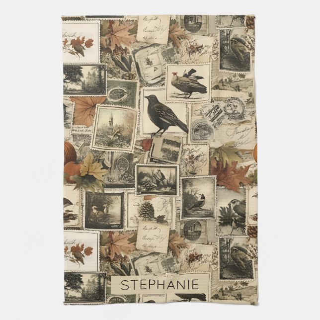 Rustic Fall Birds Pumpkins Antique Postage Kitchen Towel (Vertical)