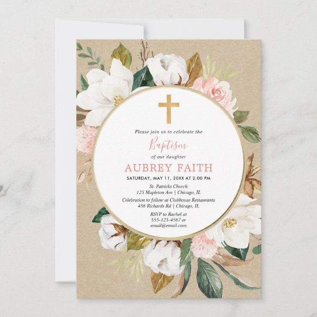 Rustic fall blush pink white floral girl baptism invitation (Front)