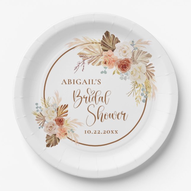 Rustic Fall Boho Arch Pampas Grass Bridal Shower  Paper Plate (Front)