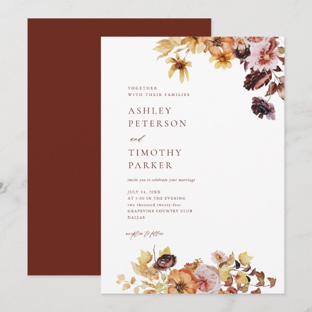 Rustic Fall Boho Floral Wedding Invitation (Front/Back)
