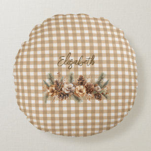 Rustic Fall Botanical Brown Gingham Personalized  Round Pillow