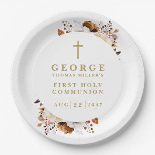 Rustic Fall Botanical Modern First Holy Communion Paper Plate