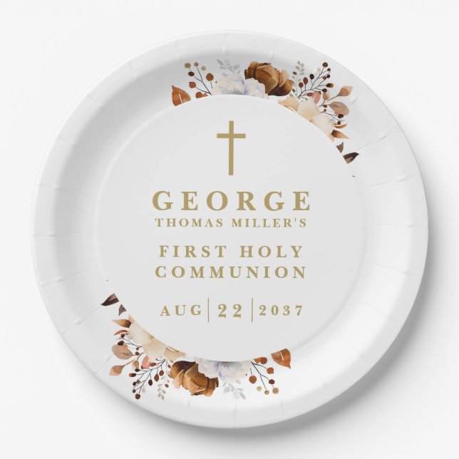 Rustic Fall Botanical Modern First Holy Communion Paper Plate (Front)