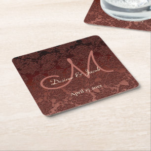 Rustic Fall Brown Champagne Monogram Wedding Square Paper Coaster