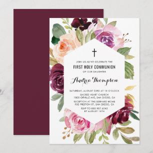 Rustic Fall Burgundy Flowers First Holy Communion Invitation