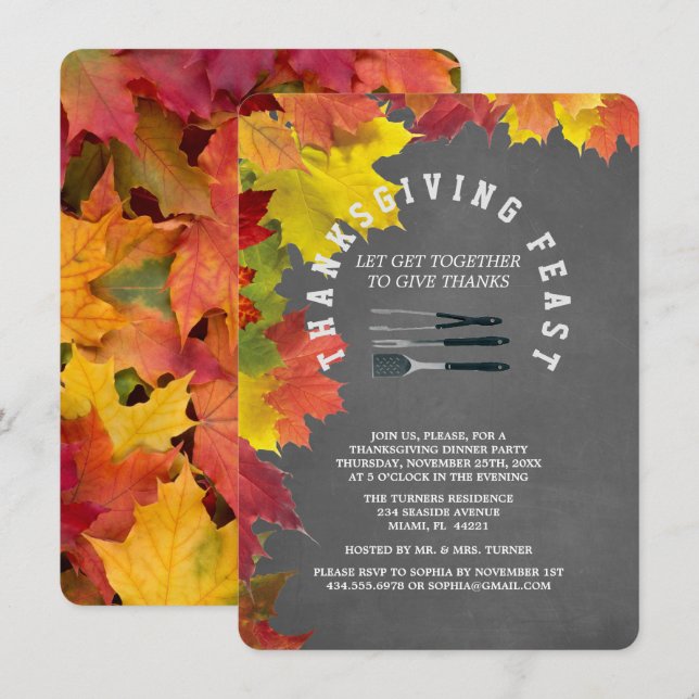 Rustic Fall Chalkboard Thanksgiving Dinner Party Invitation (Front/Back)
