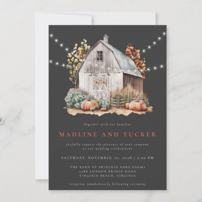 Rustic Fall Country Barn Lights All in One Wedding Invitation (Front)