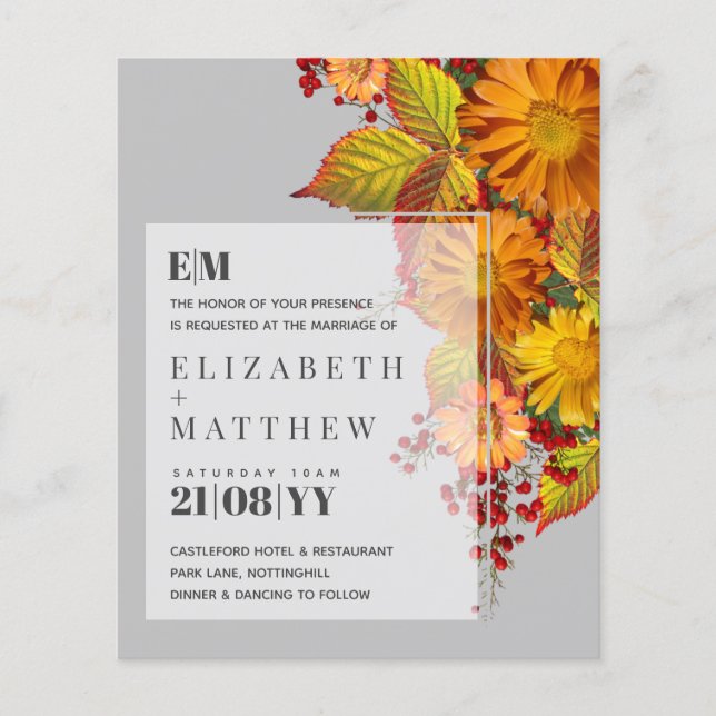 Rustic Fall Daisies Leaves Orange Budget Wedding (Front)