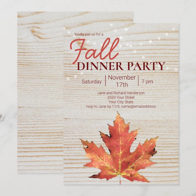 Rustic Fall Dinner Party Wood String Lights Invitation (Front/Back)