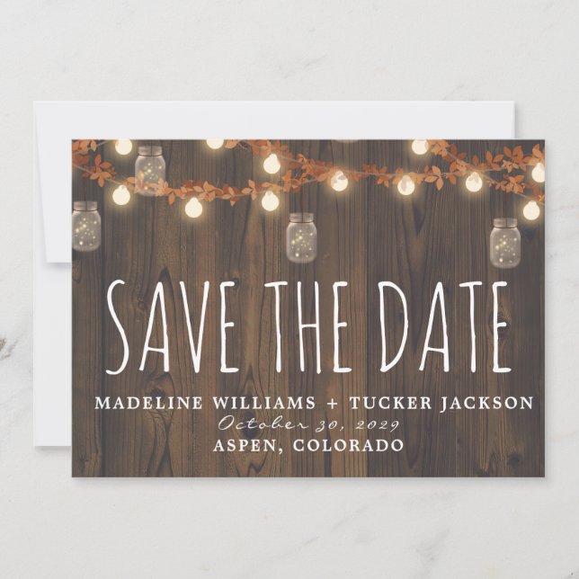 Rustic Fall Fairy Lights and Leaves Save the Date  Announcement (Front)
