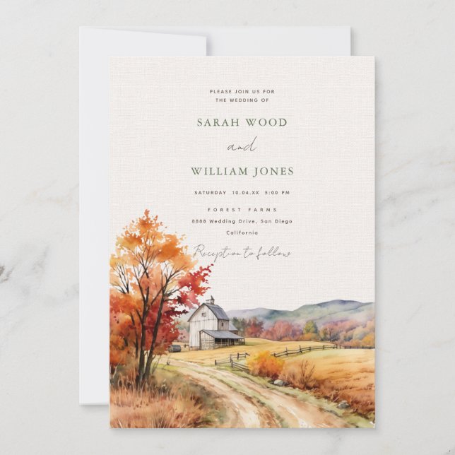 Rustic fall farm with linen print Wedding Invitation (Front)