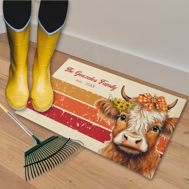 Rustic Fall Farmhouse Family Highland Cow Door Mat (Rustic Farmhouse Fall Front Door Home Decoration Highland Cow With Sunflowers  Plaid Ribbon )