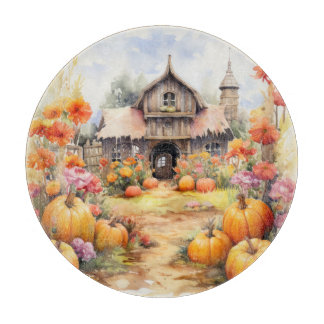 RUSTIC FALL FARMHOUSE WITH AUTUMN PUMPKINS CUTTING BOARD