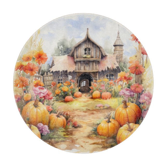 RUSTIC FALL FARMHOUSE WITH AUTUMN PUMPKINS CUTTING BOARD (Front)