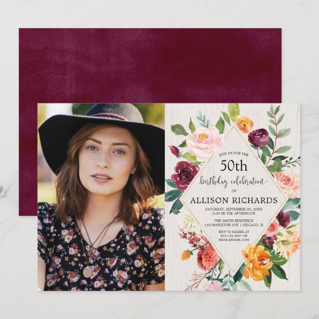 Rustic fall floral adult birthday photo invitation (Front/Back)