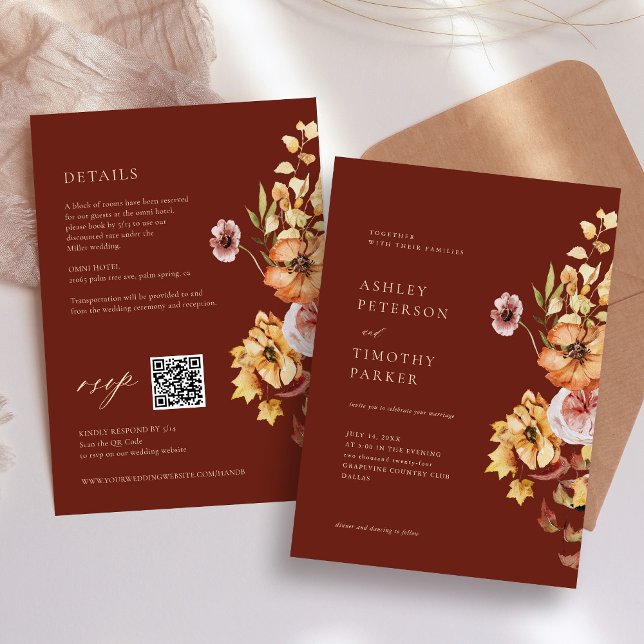 Rustic Fall Floral Boho Maroon Wedding QR Invitation (Creator Uploaded)