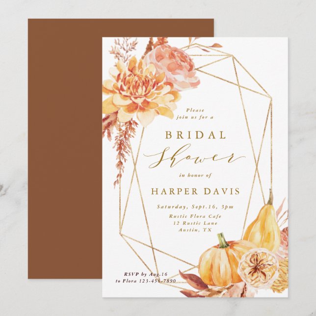 Rustic Fall Floral Geometric Gold Bridal Shower Invitation (Front/Back)