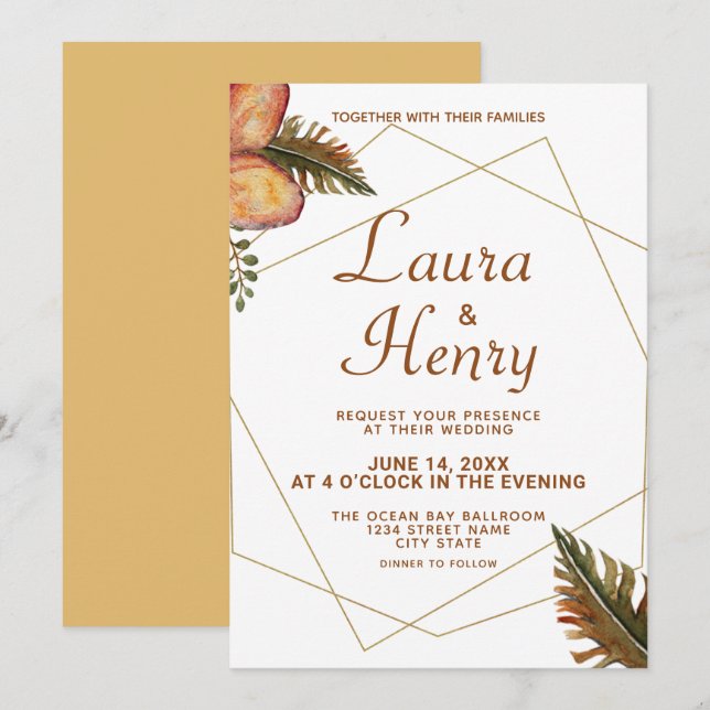 Rustic Fall Floral Gold Frame Wedding Invitation (Front/Back)