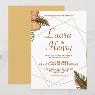 Rustic Fall Floral Gold Frame Wedding Invitation