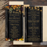 Rustic fall floral gold script wedding ceremony<br><div class="desc">Beautiful rusty orange and dark burgundy autumn fall flowers and pumpkin borders with strings of golden twinkle lights over a dark brown barn wood background wedding ceremony program template.               Personalize it with your your details!             Suitable for rustic country vintage chic summer garden autumn fall outdoor backyard or farmhouse weddings.</div>