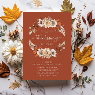 Rustic Fall Floral Leaves Thanksgiving Dinner Invitation