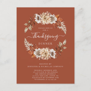 Rustic Fall Floral Leaves Thanksgiving Dinner Invitation Postcard