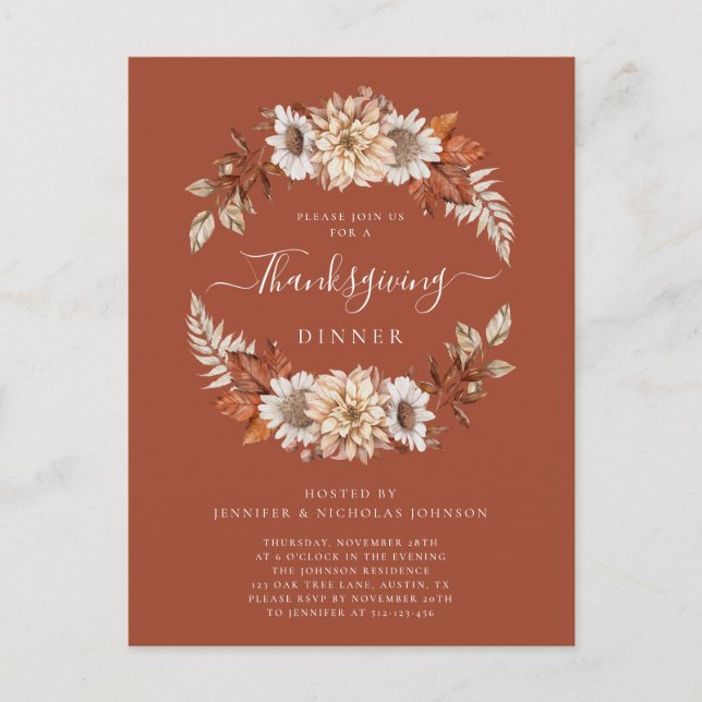 Rustic Fall Floral Leaves Thanksgiving Dinner Invitation Postcard (Front)