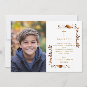 Rustic Fall Floral Photo First Holy Communion Thank You Card