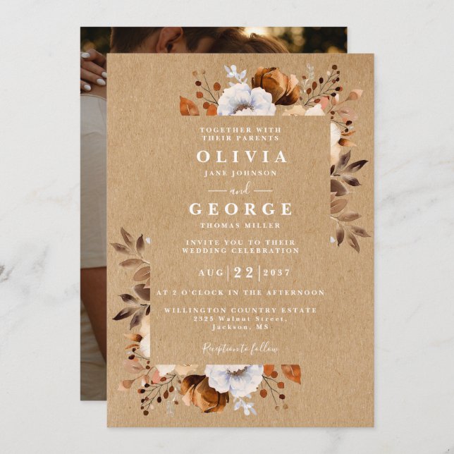 Rustic Fall Floral Photo Wedding Invitation (Front/Back)