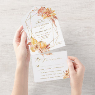 Rustic Fall Floral Pumpkin Geometric Wedding Gold All In One Invitation