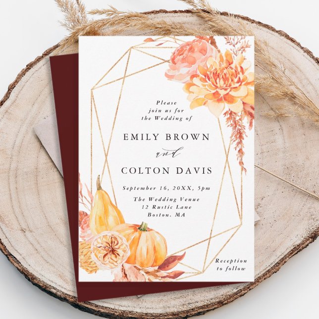 Rustic Fall Floral Pumpkin Gold Geometric Wedding  Invitation (Creator Uploaded)