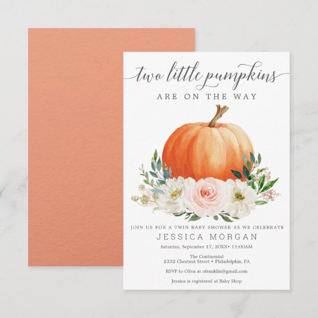 Rustic Fall Floral Pumpkin Twin Baby Shower Invitation (Front/Back)