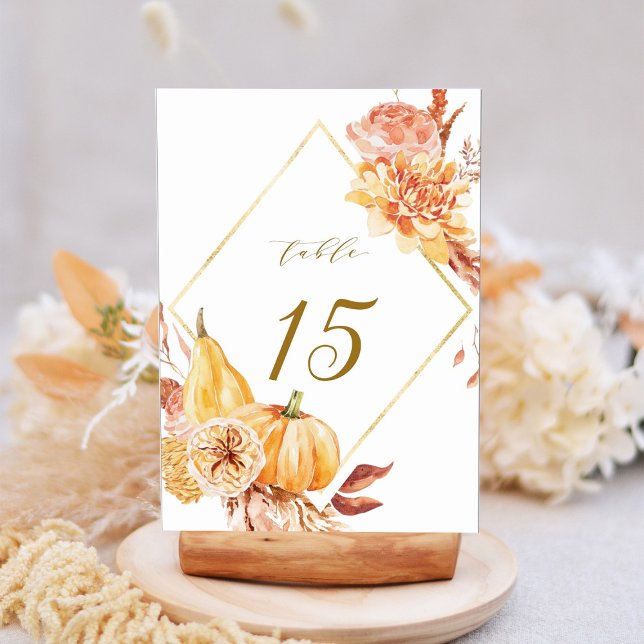 Rustic Fall Floral Pumpkin Wedding Gold Script Table Number (Creator Uploaded)