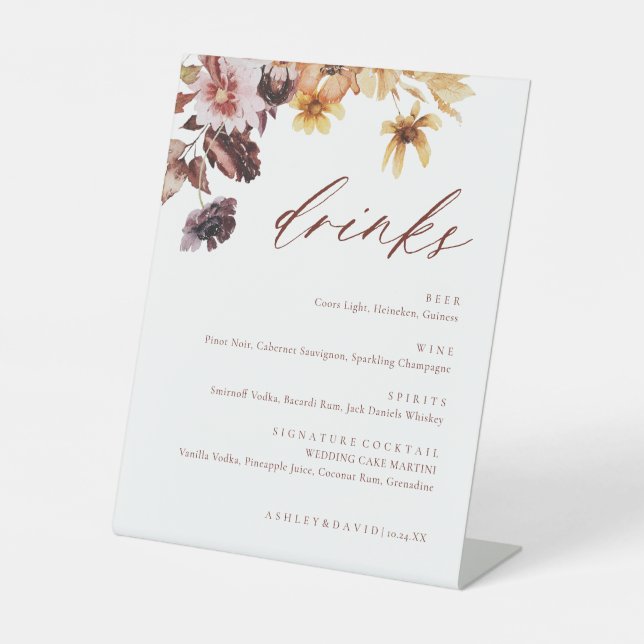 Rustic Fall Floral Wedding Drink Menu Pedestal Sign (Front)