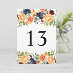 Rustic Fall Floral Wedding Table Number Card