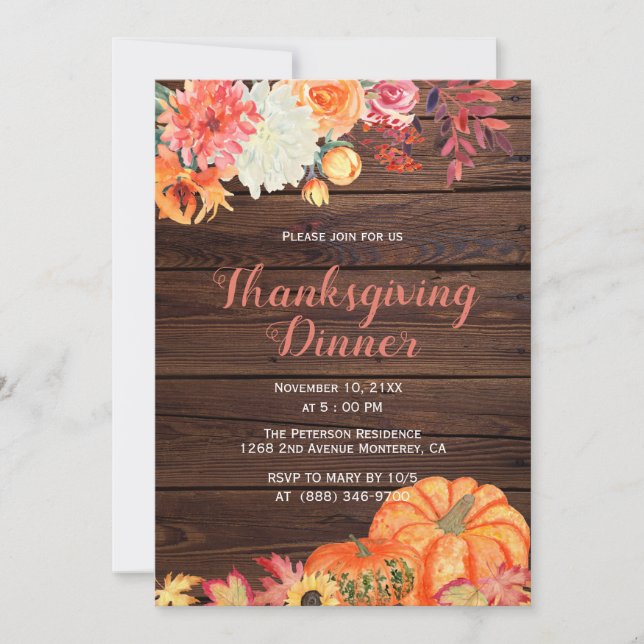 Rustic Fall Floral Wood Thanksgiving Invitations (Front)