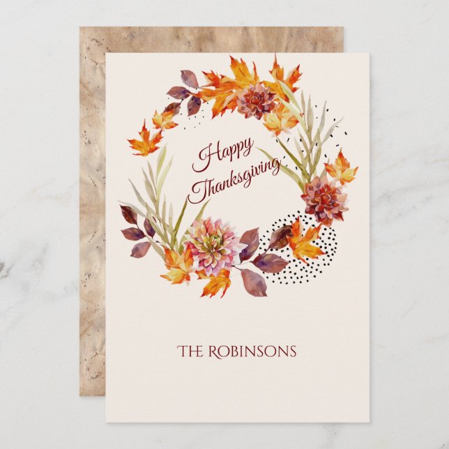 Rustic Fall Floral Wreath Happy Thanksgiving Holiday Card (Front/Back)