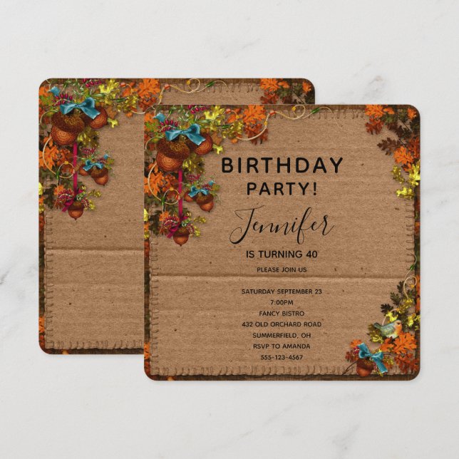 Rustic Fall Flowers & Acorns Birthday Invitation (Front/Back)