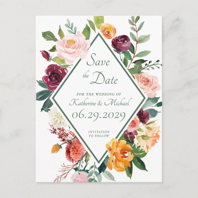 Rustic Fall Flowers Sage Green Save The Date Postcard (Front)