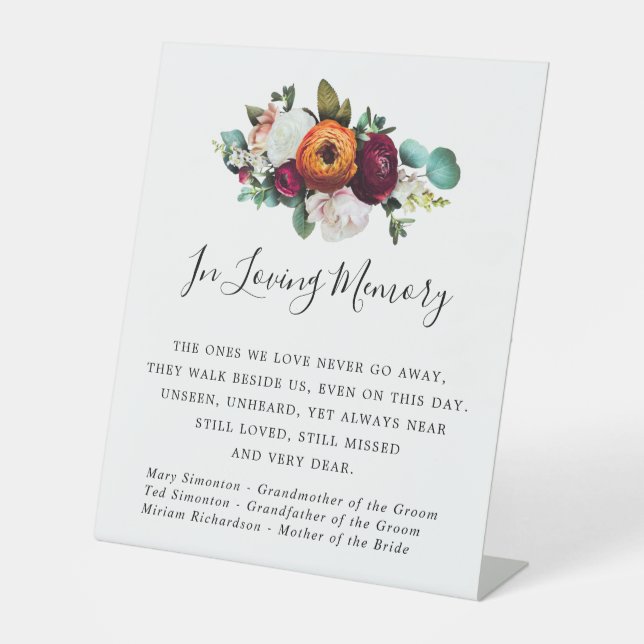 Rustic Fall Flowers Wedding Memorial Pedestal Sign (Front)